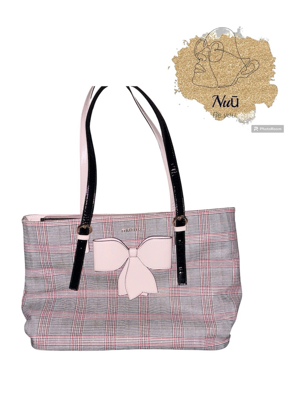 Mosiso Plaid Laptop Tote Bag with Pink Bow Accent and Black Handles